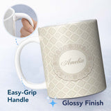 Personalized Custom Name Elegant Beige Damask Floral Classic Seamless Pattern Lovely 11oz Ceramic Coffee Tea Mug White Large Handle
