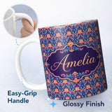Personalized Custom Name Vibrant Ornate Floral Damask with Bold Orange and Teal Seamless 11oz Ceramic Coffee Tea Mug White Large Handle