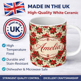 Personalized Custom Name Vintage Poinsettia Floral Cream Background Christmas Botanical Print 11oz Ceramic Coffee Tea Mug White Large Handle