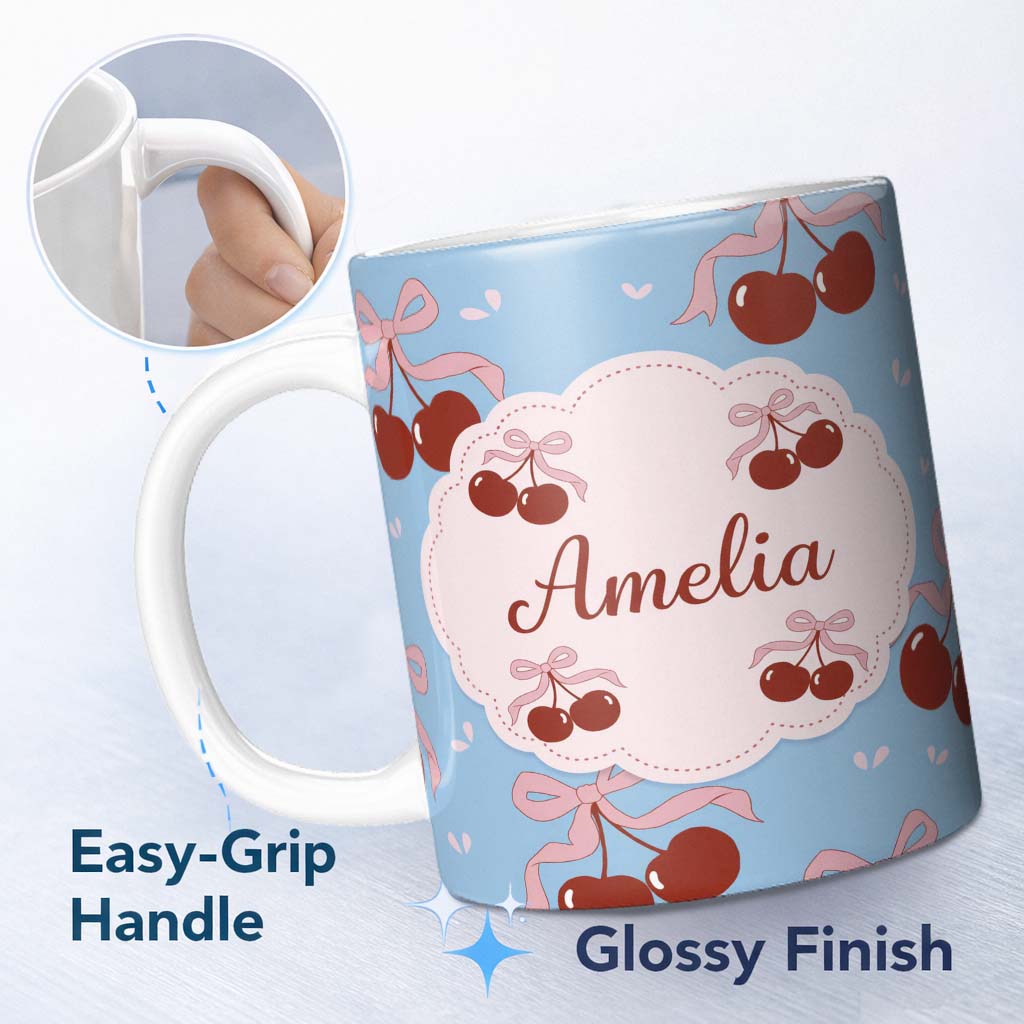 Personalized Custom Name Cherry Bow Ribbon Cute Minimal Sky Blue Background Seamless Pattern 11oz Ceramic Coffee Tea Mug White Large Handle