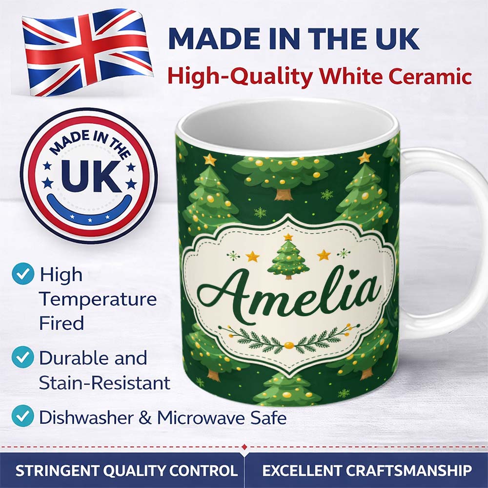 Personalized Custom Name Cute Green Christmas Trees Golden Ornaments Seamless Pattern Lovely 11oz Ceramic Coffee Tea Mug White Large Handle