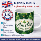 Personalized Custom Name Cute Green Christmas Trees Golden Ornaments Seamless Pattern Lovely 11oz Ceramic Coffee Tea Mug White Large Handle