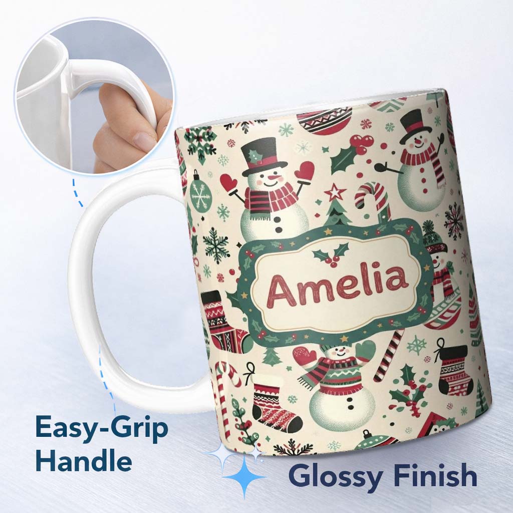 Personalized Custom Name Cute Snowman Candy Cane Christmas Tree Festive Seamless Pattern 11oz Ceramic Coffee Tea Mug White Large Handle