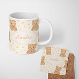 Personalized Custom Name Cute Teddy Bear Bow Cartoon Animal Pattern Beautiful Coffee Cup 11oz Ceramic Coffee Tea Mug White Large Handle