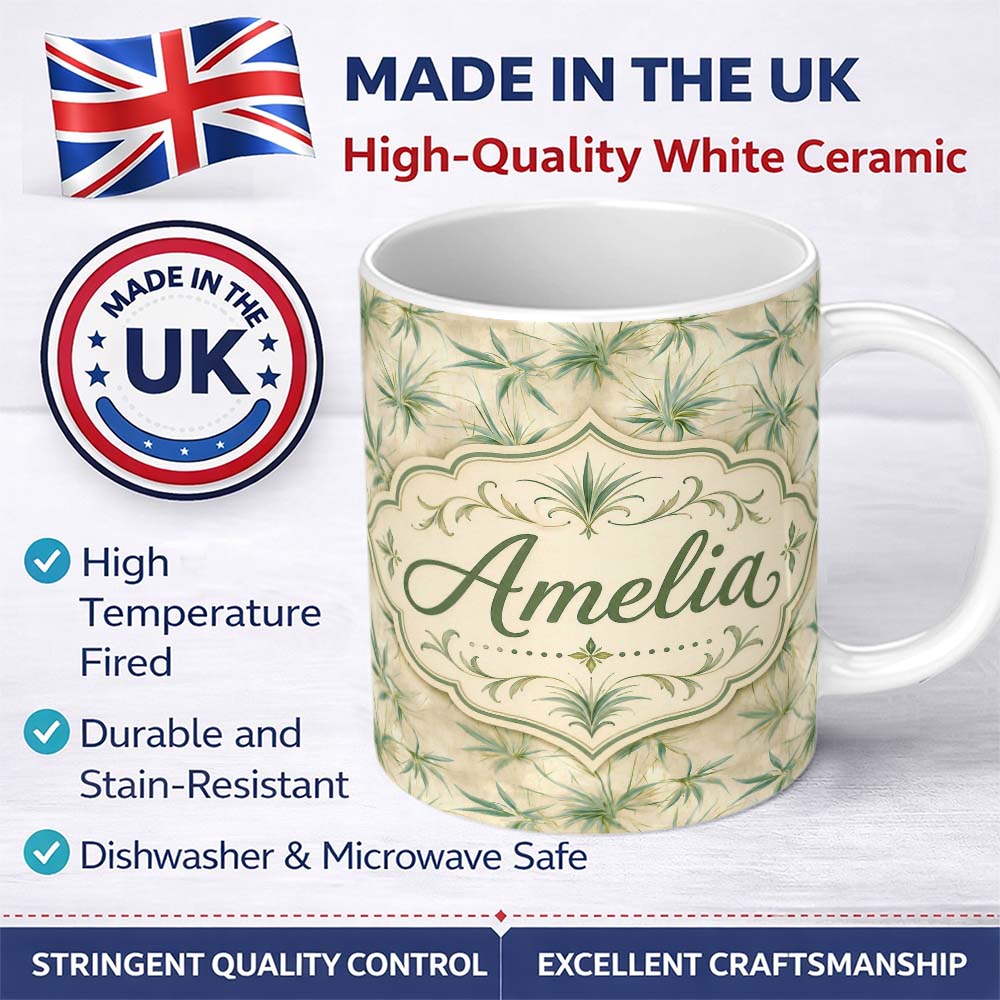 Personalized Custom Name Vintage Potted Houseplants Rustic Wall Seamless Pattern Lovely 11oz Ceramic Coffee Tea Mug White Large Handle