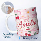 Personalized Custom Name Cute Cherry and Daisy Flowers with Pink Ribbon Bows Pink Gingham 11oz Ceramic Coffee Tea Mug White Large Handle