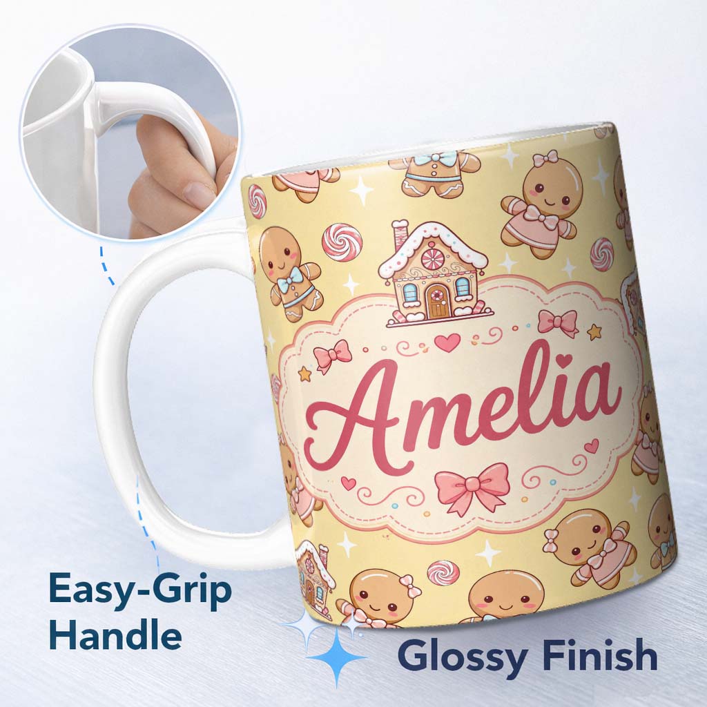 Personalized Custom Name Cute Christmas Gingerbread Characters Candy House Pattern Yellow 11oz Ceramic Coffee Tea Mug White Large Handle