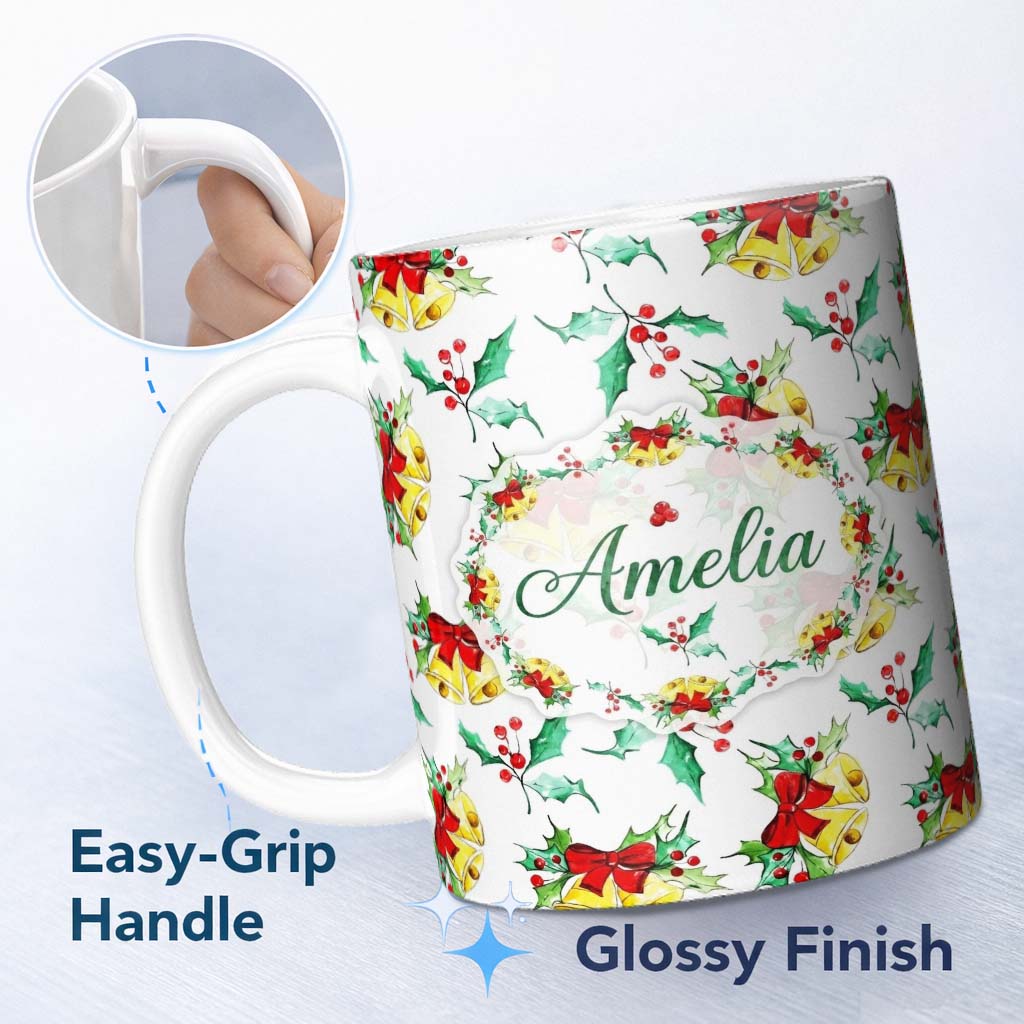 Personalized Custom Name Watercolor Christmas Bells Holly Berry Festive Seamless Pattern 11oz Ceramic Coffee Tea Mug White Large Handle