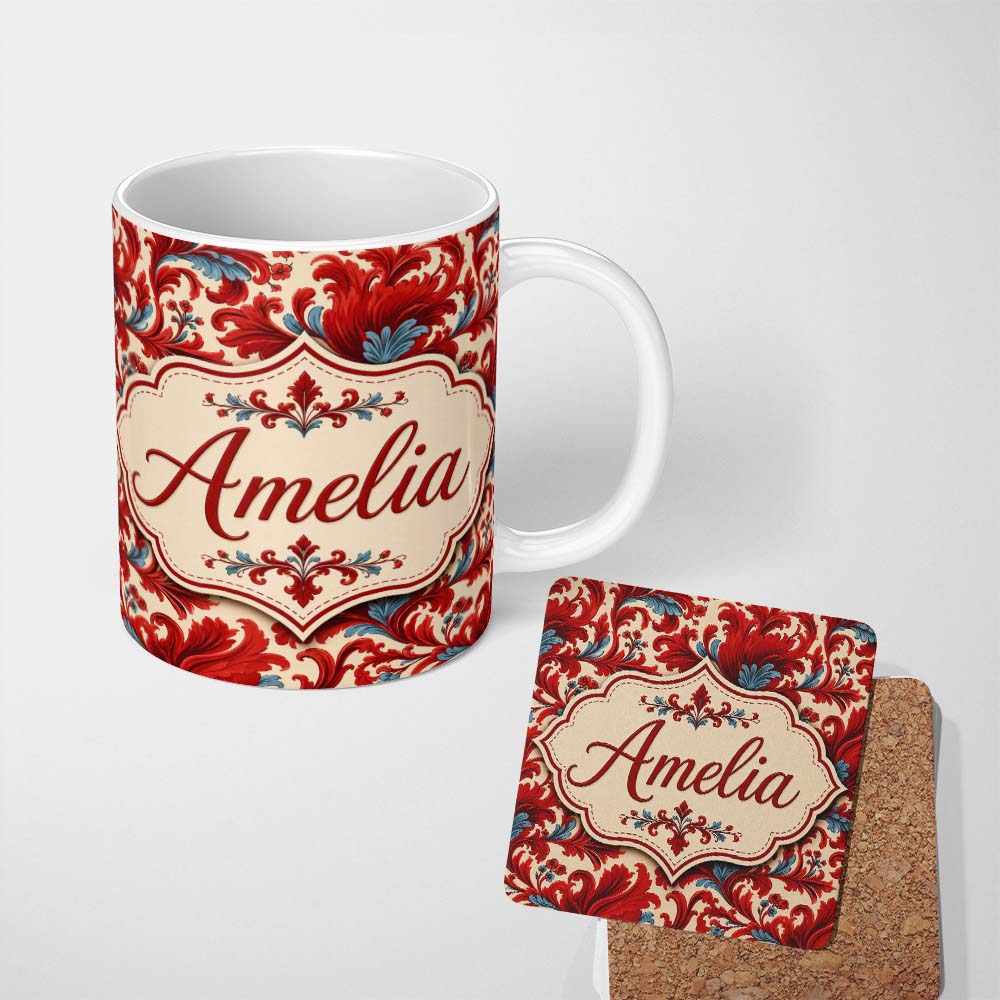 Personalized Custom Name Classic Red Blue Damask Ornamental Scroll Seamless Pattern Lovely 11oz Ceramic Coffee Tea Mug White Large Handle