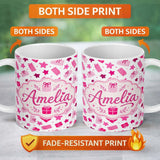 Personalized Custom Name Cute Pink Gift Boxes Stars Festive Christmas Seamless Pattern Lovely 11oz Ceramic Coffee Tea Mug White Large Handle