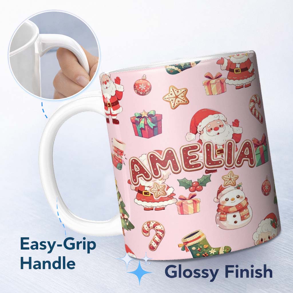Personalized Custom Name Cute Santa Claus Mrs Claus Snowman Christmas Gift Pattern Pink 11oz Ceramic Coffee Tea Mug White Large Handle
