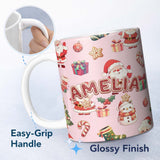 Personalized Custom Name Cute Santa Claus Mrs Claus Snowman Christmas Gift Pattern Pink 11oz Ceramic Coffee Tea Mug White Large Handle