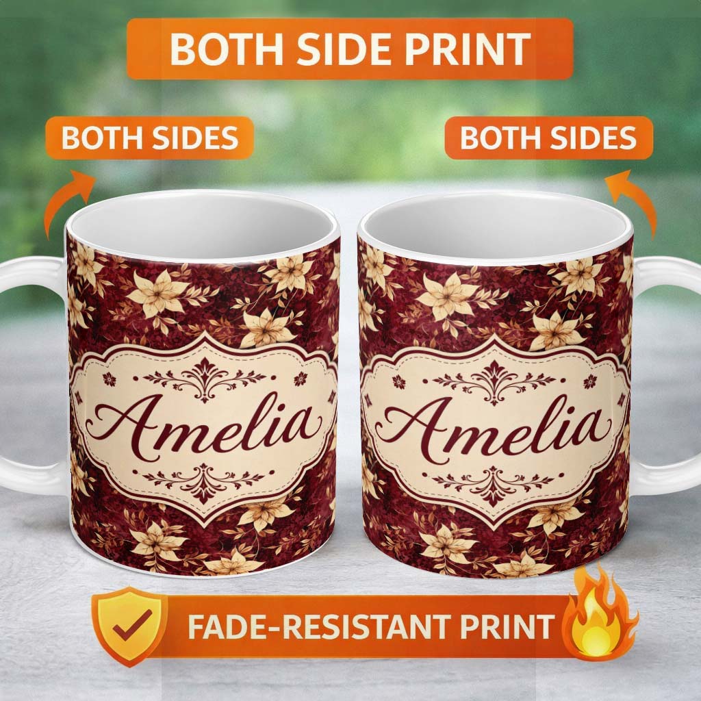 Personalized Custom Name Rich Deep Red Floral with Cream Blossoms and Textured Background 11oz Ceramic Coffee Tea Mug White Large Handle