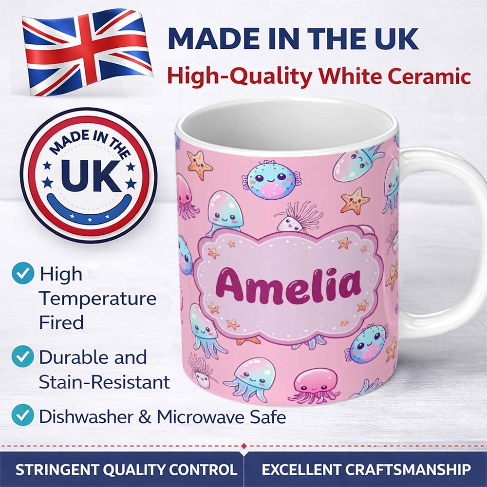 Personalized Custom Name Kawaii Jellyfish Puffer Fish Starfish Pastel Ocean Creatures Rose 11oz Ceramic Coffee Tea Mug White Large Handle