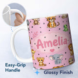 Personalized Custom Name Cute Jungle Baby Animals Lion Tiger Elephant Giraffe Pattern Pink 11oz Ceramic Coffee Tea Mug White Large Handle
