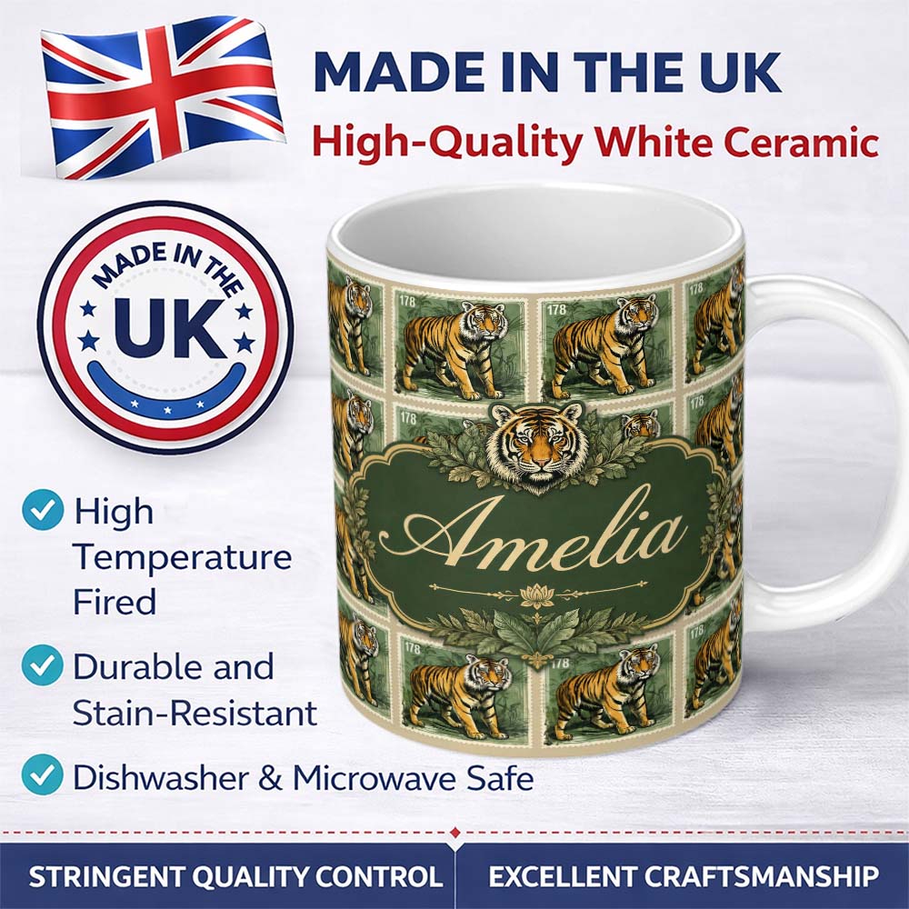 Personalized Custom Name Classic Tiger Full Body Stamp Design Seamless Pattern Lovely 11oz Ceramic Coffee Tea Mug White Large Handle