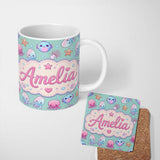 Personalized Custom Name Kawaii Jellyfish Starfish and Sea Creatures Mint Green Background 11oz Ceramic Coffee Tea Mug White Large Handle
