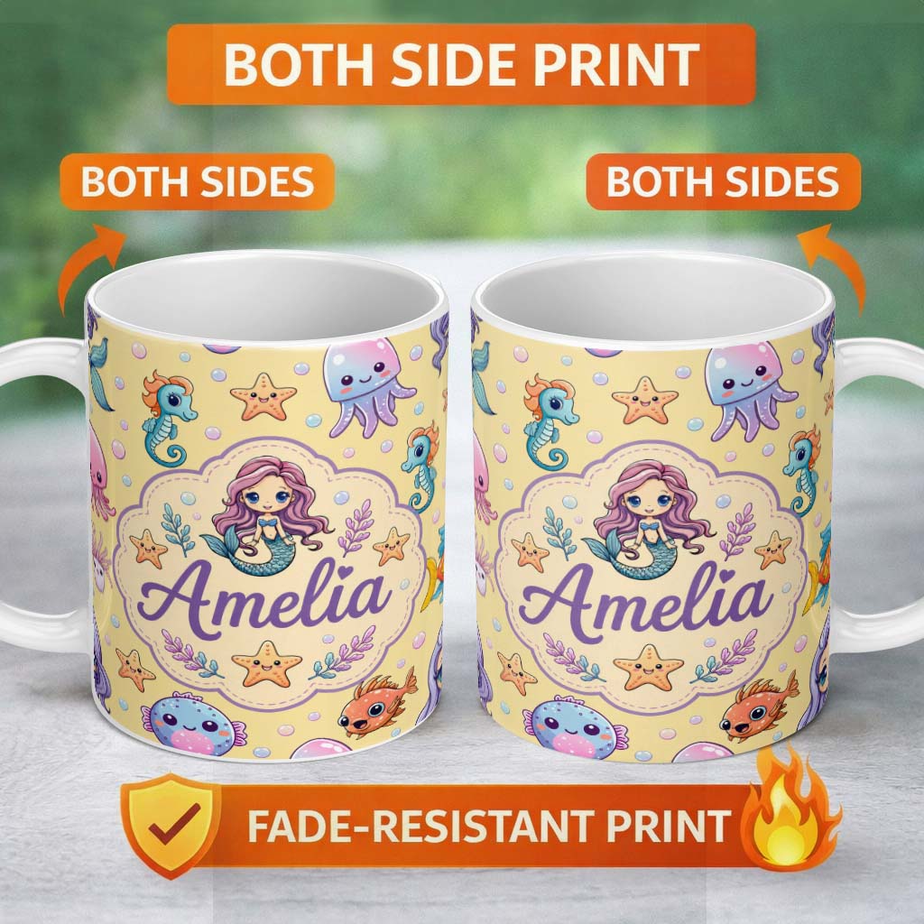 Personalized Custom Name Kawaii Mermaid and Sea Creatures Ocean Warm Beige Background Lovely 11oz Ceramic Coffee Tea Mug White Large Handle