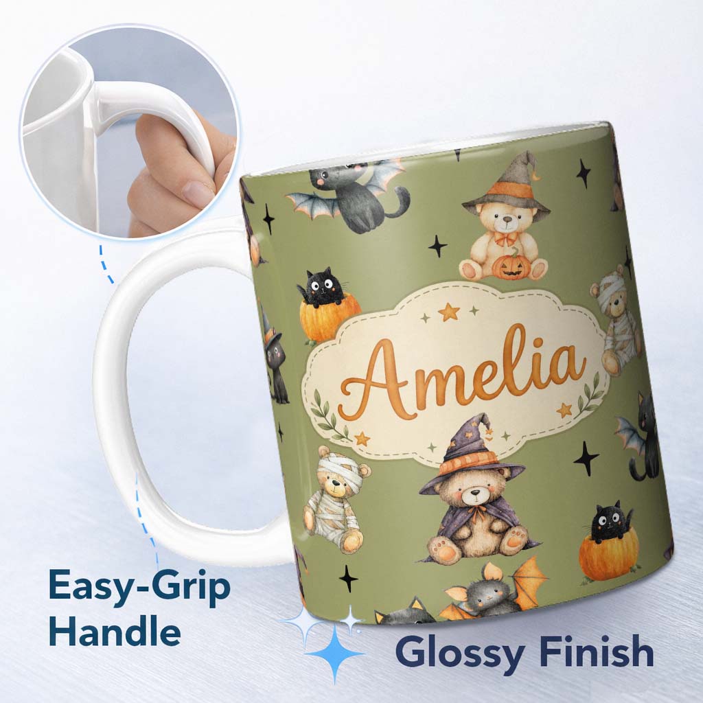 Personalized Custom Name Cute Halloween Teddy Bears Mummy Witch Cat Pumpkin Stars Olive 11oz Ceramic Coffee Tea Mug White Large Handle