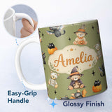 Personalized Custom Name Cute Halloween Teddy Bears Mummy Witch Cat Pumpkin Stars Olive 11oz Ceramic Coffee Tea Mug White Large Handle