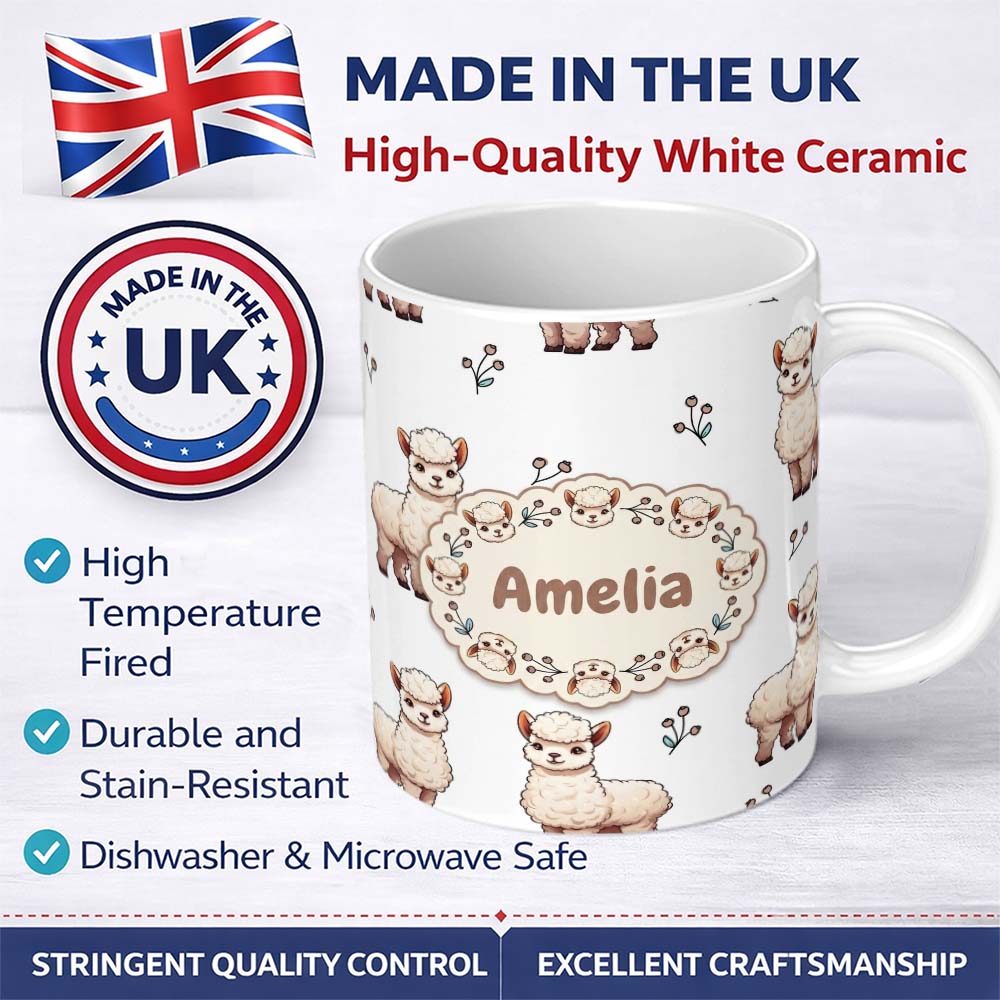 Personalized Custom Name Cute Alpaca Llama Pattern with Floral Sprigs on Grey Background 11oz Ceramic Coffee Tea Mug White Large Handle