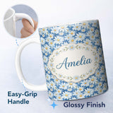 Personalized Custom Name Blue Watercolor Daisy Floral Seamless Pattern Cute Unique Gift 11oz Ceramic Coffee Tea Mug White Large Handle