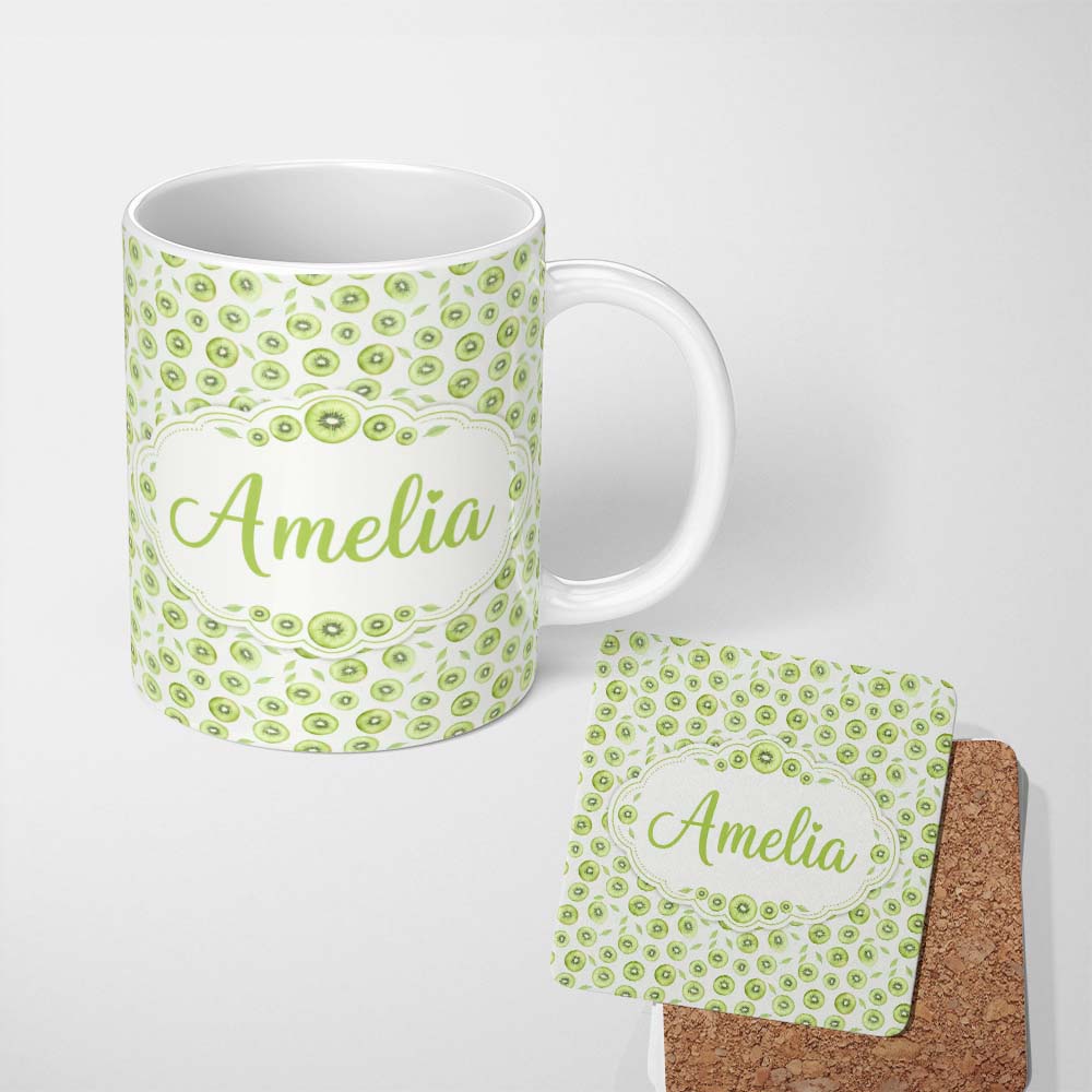 Personalized Custom Name Kiwi Slice and Leaf Botanical Seamless Pattern on Light Background 11oz Ceramic Coffee Tea Mug White Large Handle
