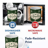 Personalized Custom Name Vintage White Christmas Trees and Snowflakes Green Seamless Pattern 11oz Ceramic Coffee Tea Mug White Large Handle