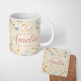 Personalized Custom Name Swan and Ducklings with Flowers Mushrooms Soft Olive Seamless 11oz Ceramic Coffee Tea Mug White Large Handle