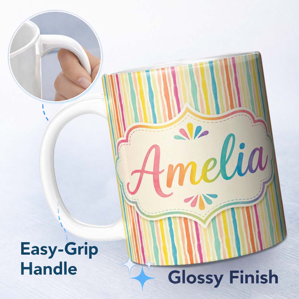Personalized Custom Name Muted Multicolour Vertical Stripe Texture Seamless Pattern Lovely 11oz Ceramic Coffee Tea Mug White Large Handle