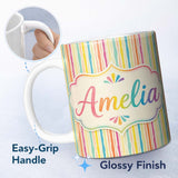 Personalized Custom Name Muted Multicolour Vertical Stripe Texture Seamless Pattern Lovely 11oz Ceramic Coffee Tea Mug White Large Handle