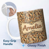 Personalized Custom Name Abstract Tribal Line Art Pattern with Organic Shapes in Earthy 11oz Ceramic Coffee Tea Mug White Large Handle