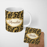 Personalized Custom Name Classic Gold Black Baroque Seamless Pattern Elegant Luxury Lovely 11oz Ceramic Coffee Tea Mug White Large Handle