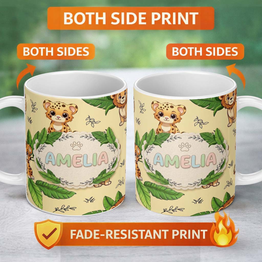 Personalized Custom Name Cute Jungle Animals Lion Tiger Leopard Light Grey Background Lovely 11oz Ceramic Coffee Tea Mug White Large Handle