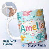 Personalized Custom Name Cute Colorful Fish Ocean Bubbles Underwater Seamless Pattern Lovely 11oz Ceramic Coffee Tea Mug White Large Handle