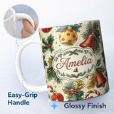 Personalized Custom Name Elegant Christmas Baubles Pine Branches Bows and Snowflake Elements 11oz Ceramic Coffee Tea Mug White Large Handle