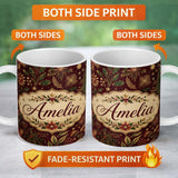 Personalized Custom Name Elegant Christmas Botanical Pine Leaves Gold Accents Seamless Lovely 11oz Ceramic Coffee Tea Mug White Large Handle