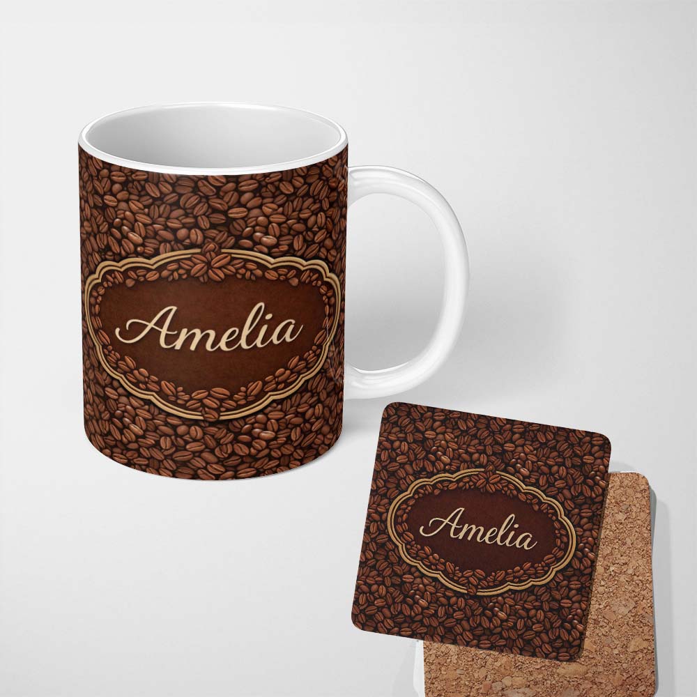 Personalized Custom Name Coffee Beans Mixed Roast Seamless Pattern Charming Kitchen Decor 11oz Ceramic Coffee Tea Mug White Large Handle