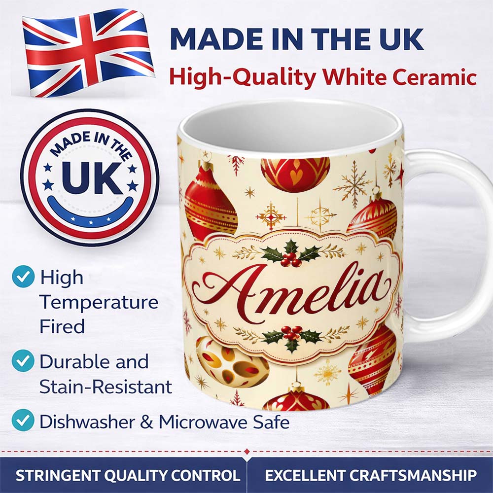 Personalized Custom Name Elegant Red Gold Christmas Baubles Snowflakes Festive Holiday Design 11oz Ceramic Coffee Tea Mug White Large Handle