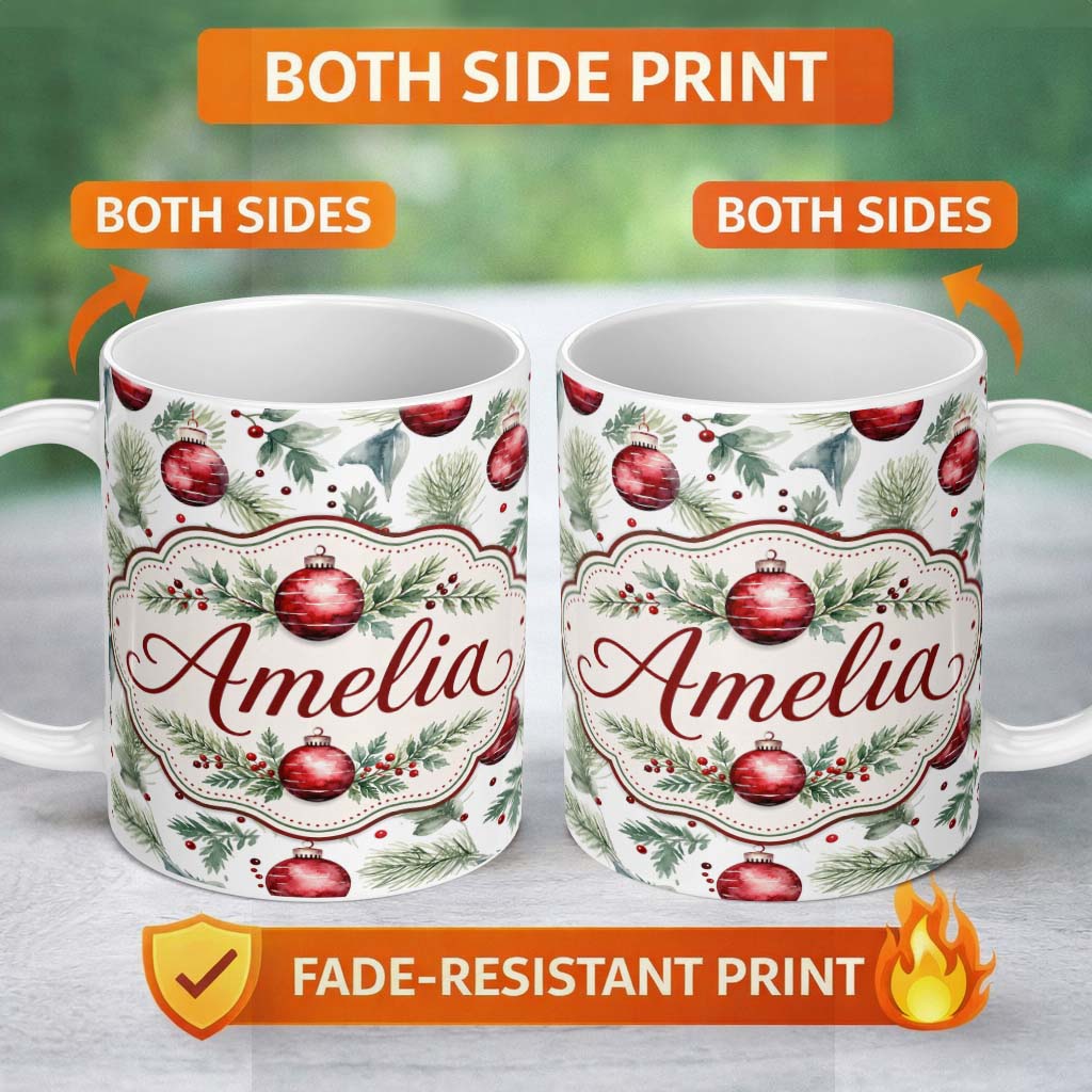 Personalized Custom Name Watercolor Red Baubles Pine Branches Festive Holiday Seamless Lovely 11oz Ceramic Coffee Tea Mug White Large Handle