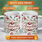 Personalized Custom Name Watercolor Red Baubles Pine Branches Festive Holiday Seamless Lovely 11oz Ceramic Coffee Tea Mug White Large Handle