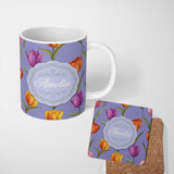 Personalized Custom Name Elegant Tulip Floral Seamless Pattern Purple Background Spring 11oz Ceramic Coffee Tea Mug White Large Handle