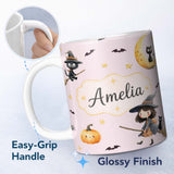 Personalized Custom Name Halloween Witch Girl Flying on Broom with Black Cat Moon and Stars 11oz Ceramic Coffee Tea Mug White Large Handle