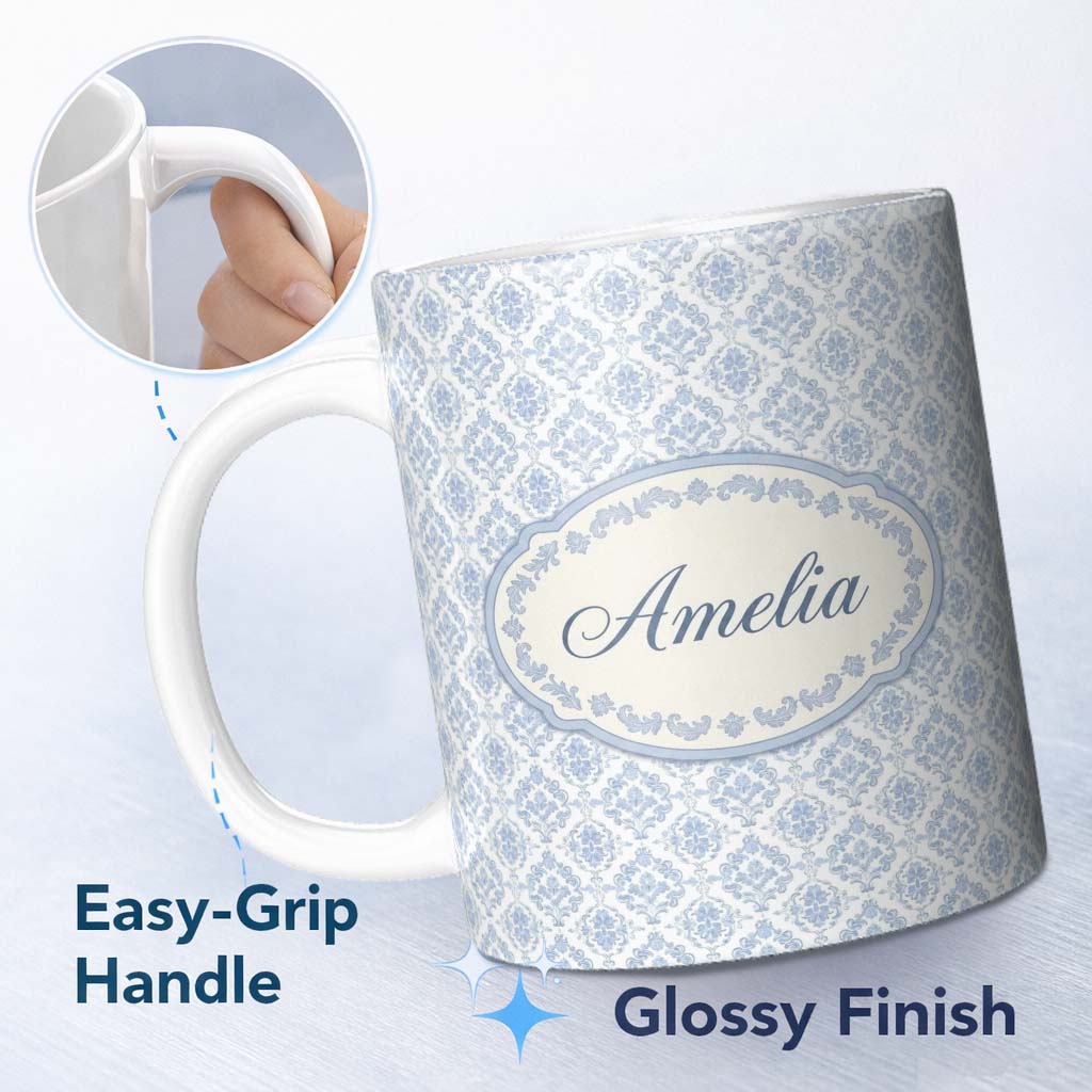 Personalized Custom Name Vintage Blue Damask Classic Seamless Pattern Cute Unique Gift Lovely 11oz Ceramic Coffee Tea Mug White Large Handle