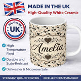 Personalized Custom Name Vintage Beige and Brown Floral Heart Swirl Seamless Pattern Lovely 11oz Ceramic Coffee Tea Mug White Large Handle