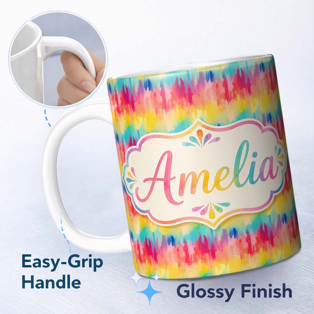 Personalized Custom Name Vibrant Watercolor Abstract Brush Strokes Seamless Pattern Lovely 11oz Ceramic Coffee Tea Mug White Large Handle