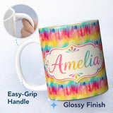 Personalized Custom Name Vibrant Watercolor Abstract Brush Strokes Seamless Pattern Lovely 11oz Ceramic Coffee Tea Mug White Large Handle