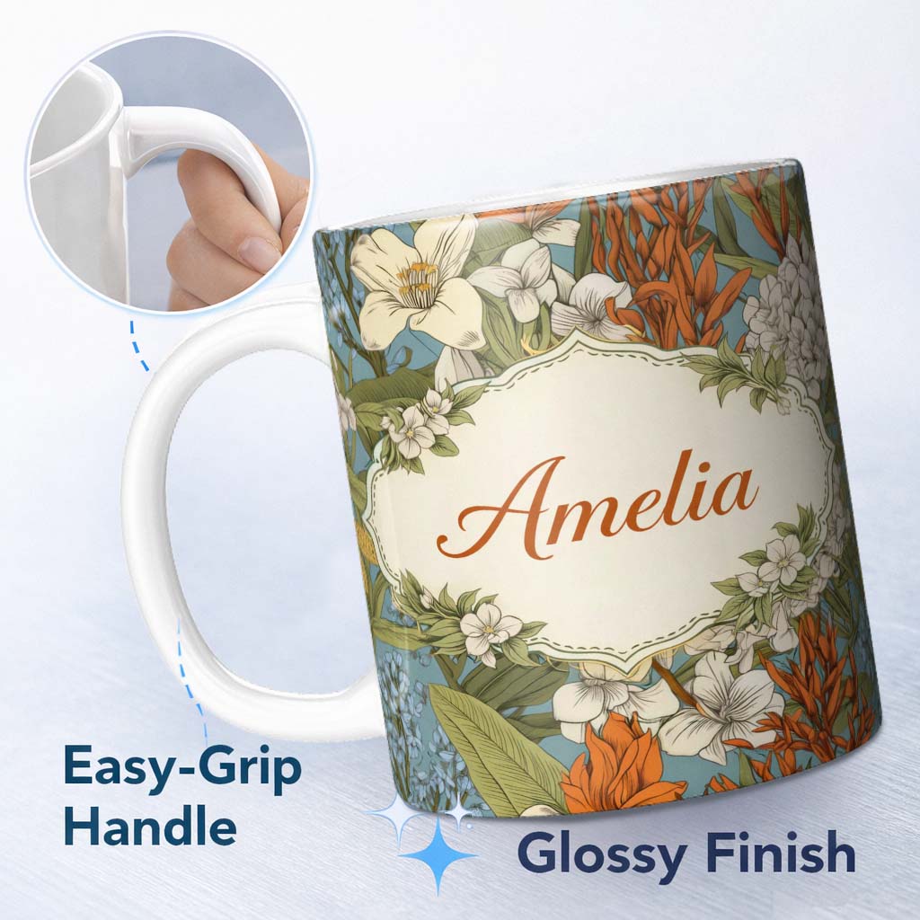 Personalized Custom Name Botanical Floral Illustration Blue Background Seamless Lovely 11oz Ceramic Coffee Tea Mug White Large Handle