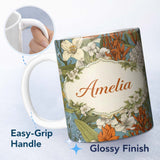 Personalized Custom Name Botanical Floral Illustration Blue Background Seamless Lovely 11oz Ceramic Coffee Tea Mug White Large Handle