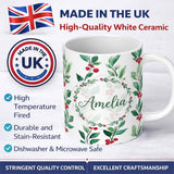 Personalized Custom Name Watercolor Green Leaves and Red Berry Branches Pattern Elegant 11oz Ceramic Coffee Tea Mug White Large Handle